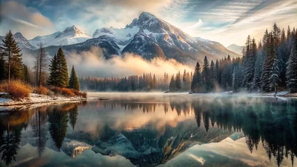Fototapeten Natural landscape, mountains, reflected, lake, forest, natural colors, natur, mounteverest, snow, green,  © fikret