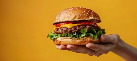 Hands holding a delicious burger on yellow backdrop with generous space for custom text placement