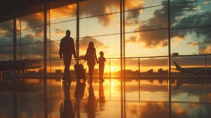 Silhouettes of passengers walking through airport terminal at sunset with airplane in background