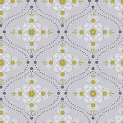 Seamless pattern with white floral ogee geometrical motifs on a gray background. Minimalist classic abstract repeat wallpaper.