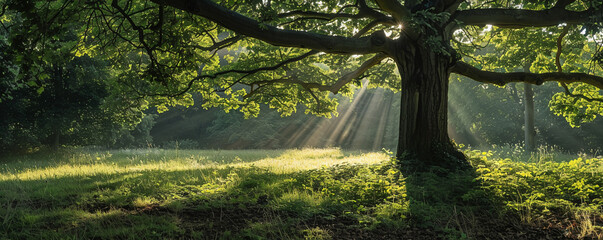 Gentle sunlight streaming through a tree casting intricate shadows and creating a peaceful woodland scene