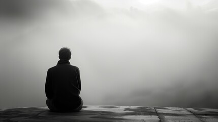 A man sits on a ledge looking out at the fog