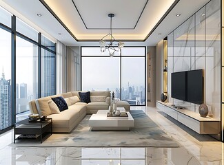 Modern Chinese style living room interior design, with a white and beige color scheme 