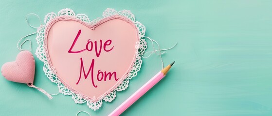 a pretty pink paper valentine with lace trim, Love Mom text  - obrazy, fototapety, plakaty