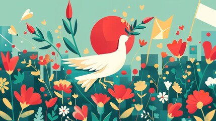 Illustration of a dove flying with olive leaves a concept of Labor Day with a big space for text or product a banner backdrop, Generative AI.