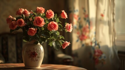 Still life of a vase with roses in the living room