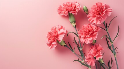 top view of a bunch of carnation on pink background