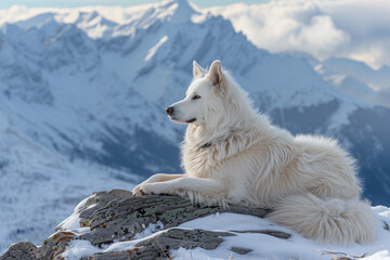 Majestic White Dog Overlooking Snowy Mountain Range. Generative AI image