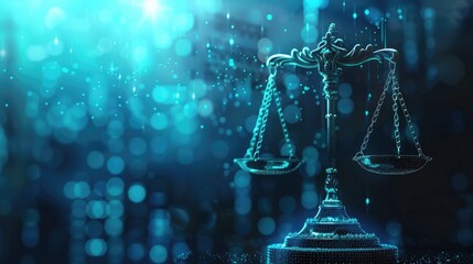 Digital Justice Scales, Glowing Scales of Justice in a futuristic digital realm, representing the concept of unbiased and modern adjudication in the age of technology