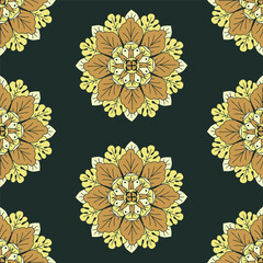 Seamless pattern with hand drawn yellow classic floral rosette motifs on a dark green background