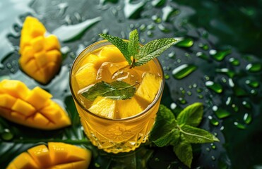 Refreshing Mango Cocktail with Fresh Mint, vibrant glass of mango cocktail garnished with fresh mint, accompanied by juicy mango pieces on a dewy surface - obrazy, fototapety, plakaty