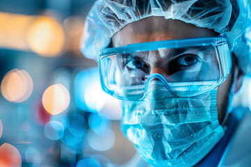 Close-up of a focused scientist with safety equipment. Generative AI image