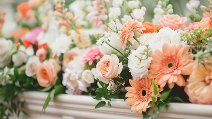 White casket covered with floral arrangements at a funeral service