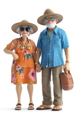 Cartoon-style elderly couple in summer attire holding hands and getting ready for vacation