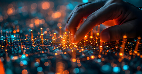 Hand interacting with a futuristic interface with glowing network connections. Technology and innovation concept design for banners and posters. Close-up photography with bokeh and space for text