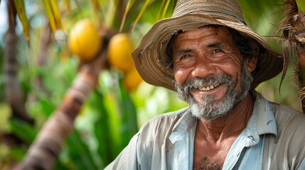 south american coconut farmer smile - obrazy, fototapety, plakaty