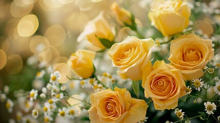 flower bouquet close up, background blur, yellow roses