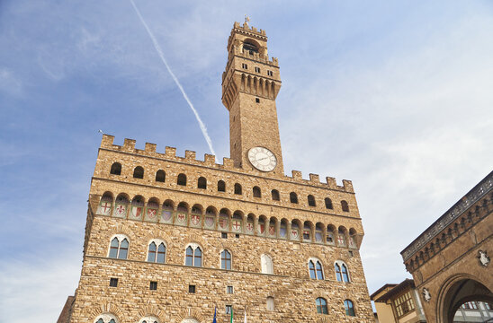 Florence, Italy - 12.02.2023: View of famous tower and Palazzo Vecchio square and Florence cityscape, Italy. High quality photo