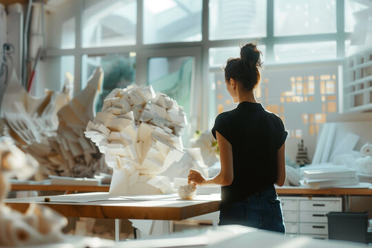In the art studio, a woman examines a sculpture while sitting at the table