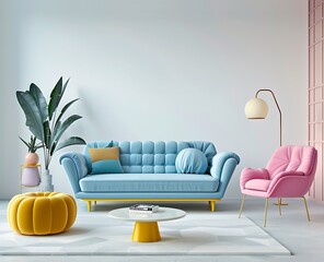 3d rendering of pastel blue, yellow and pink retro living room interior with sofa and armchair near...