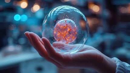 Abstract image. Scientist holding a holographic model of a nuclear atom in bubble. Science technology concept. Digital on blue background.