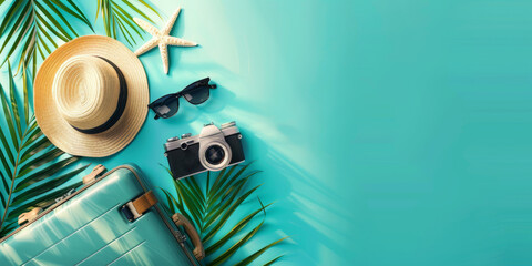 A set of essentials for a summer trip: a hat, sunglasses, a camera and a suitcase surrounded by palm leaves on a turquoise background