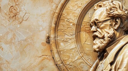 ancient philosopher, expertly framed in a circular border positioned at the extreme right center, with empty space around for text - obrazy, fototapety, plakaty
