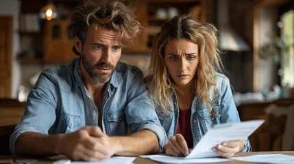 Fotobehang Worried couple sitting at the table at home and calculating bills © D-Stock Photo