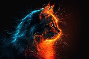 A close up of a cat on a black background. A magical creature made of fire.