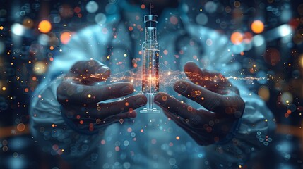 doctor holding a syringe with digital light lines as background, patient care and treatment concept. with antibiotics - obrazy, fototapety, plakaty
