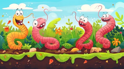 Illustration of funny earth worm characters  with a vegetable backdrop with a big space for text or product, Generative AI.