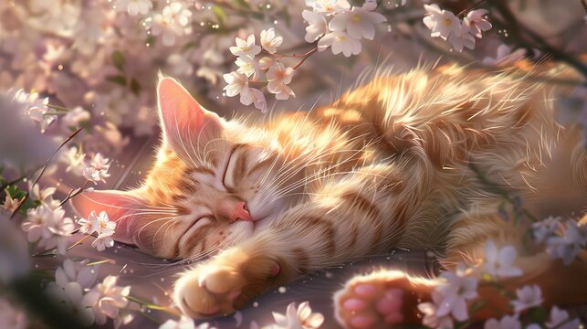 cute ginger cat in spring flowers
