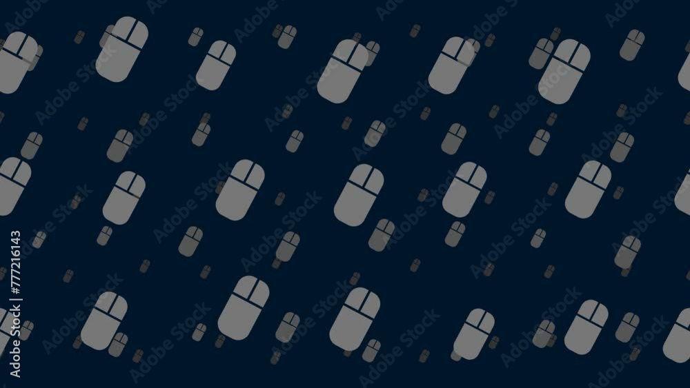 Poster computer mouse symbols float horizontally from left to right. parallax fly effect. floating symbols 