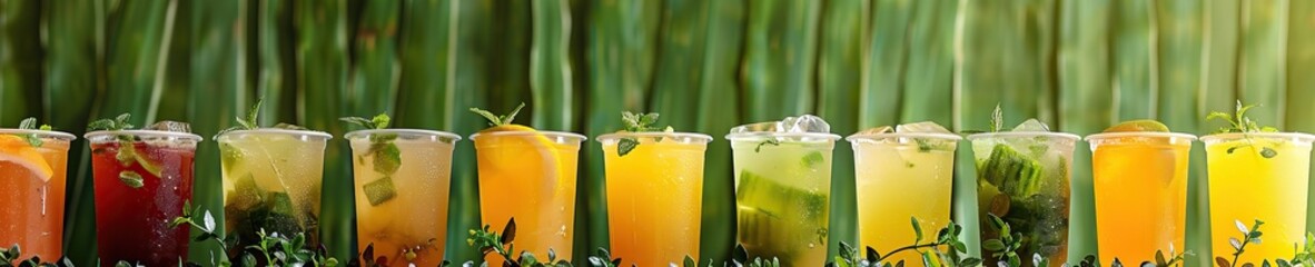 refreshing glass cups of juice surrounded by sugarcane - obrazy, fototapety, plakaty