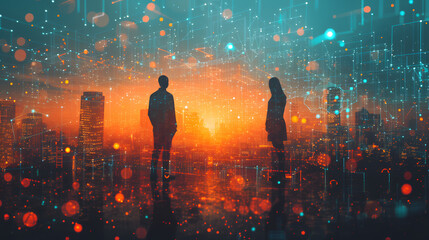 Silhouetted figures on rooftop overlooking a futuristic cityscape at dusk. Cyberpunk city vibe with digital rain and bokeh lights. Design for background, sci-fi poster, or dystopian novel cover - obrazy, fototapety, plakaty