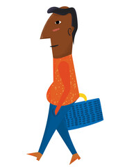 Vintage Classic Cartoon Character Illustration, A Family Old Man With A Shopping Bag Cart Walking, Mid-Century Style Drawing Person For Fun