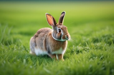 Rabbit on green meadow close up