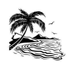Tropical beach with palm tree on white background.