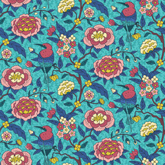 Seamless pattern with colorful chinoiserie hand drawn flowers and birds motifs. Floral wallpaper with indian style ornament.