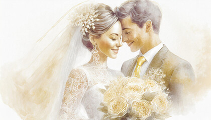 Portrait of a young couple. Drawing, sketch, watercolor with golden elements. Invitation or wedding card
- 777217129