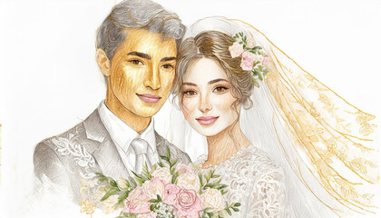 Portrait of a young couple. Drawing, sketch, watercolor with golden elements. Invitation or wedding card
- 777217144