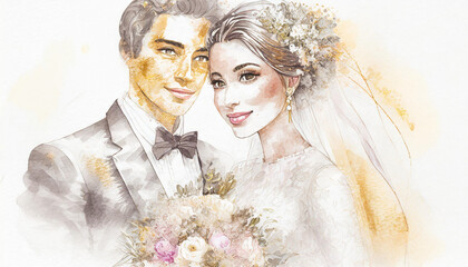 Portrait of a young couple. Drawing, sketch, watercolor with golden elements. Invitation or wedding card
- 777217163