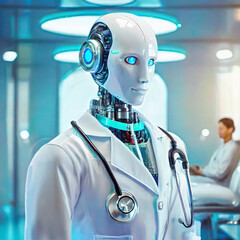  Robot doctor in a lab coat, with a stethoscope. Technology and artificial intelligence in medicine  - 777217191