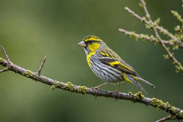 Fototapeta premium European serin bird on tree branch