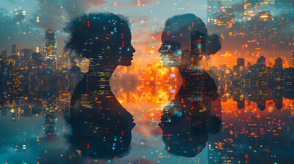 Silhouettes of two people facing each other, double exposure with cityscape and fiery sunset. Conceptual art for design and print. Digital art with copy space