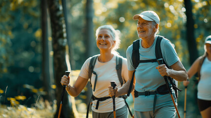 An adult man of 60 years old in a light cap participates in group summer hiking. Nordic walking in summer, a group of seniors take walks through the forest