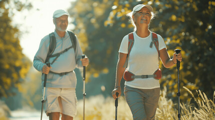 An adult woman of 60 years old in a light cap participates in group summer hiking. Nordic walking in summer, a group of seniors take walks through the forest