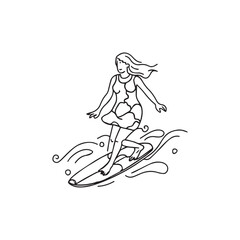 Minimalistic man surfing on a surfboard in the blue waves