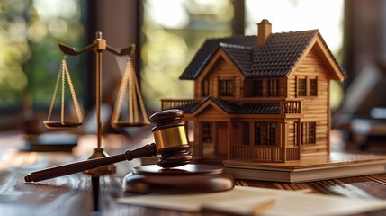 House and judge gavel on clean more empty copy space. Building legislation. Buying, selling housing. Lease contract. Property division. Home confiscation, sale of real estate property seizure.