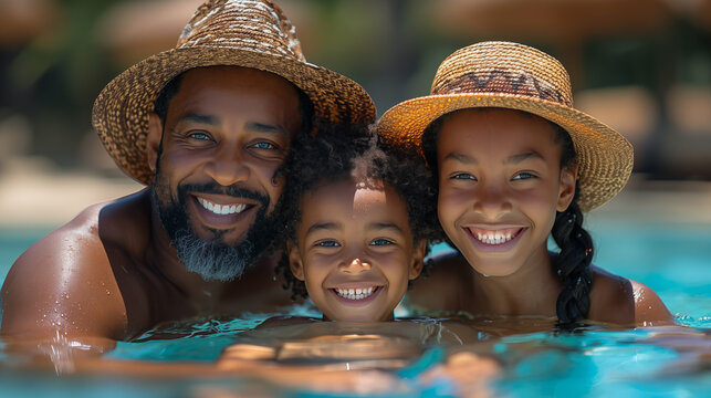 Portrait of happy african american family in swimming pool at resort